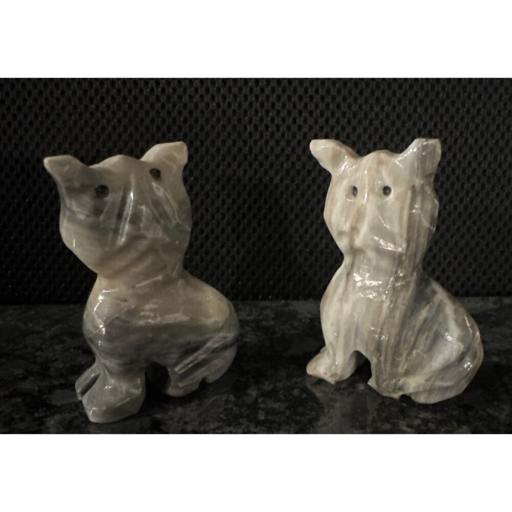 Hand-Carved Marble Cat Figurines - Pair Of Petite Gray & White Stone Cats Mini